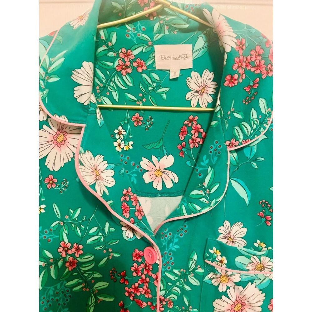 BedHead Pajamas Floral Cotton PJ Set Green Pink Size S - Picture 3 of 9
